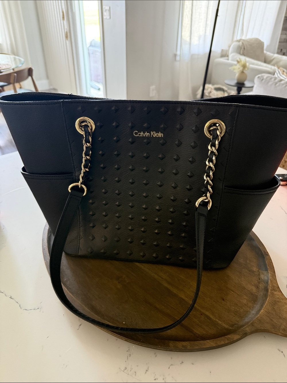Calvin Klein Black Quilted Tote with Gold Chain Accents